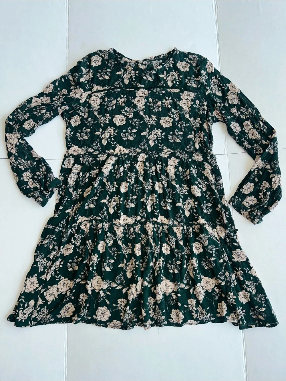 Long Sleeve Forest Green Floral Tiered Mini Dress - Picture 2 of 8